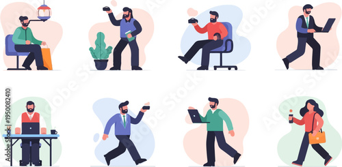 Diverse individuals engaged in various professional activities, depicted in a modern, flat illustration style