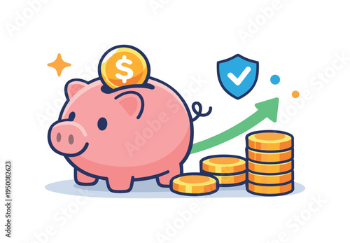 Long-term personal financial stability supported by careful saving habits and consistent money management in everyday life, a simple piggy bank placed next to a small coin stack