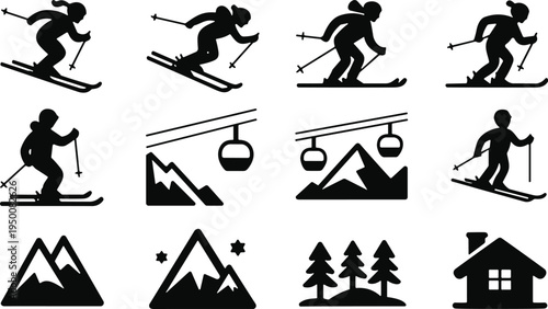 Skiing winter sports silhouette icons set, skier, mountains, cable car, ski resort, snow adventure vector