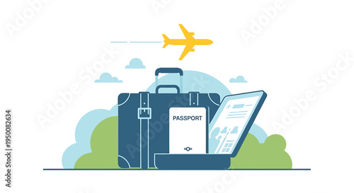 Suitcase with Passport and Plane Flying.