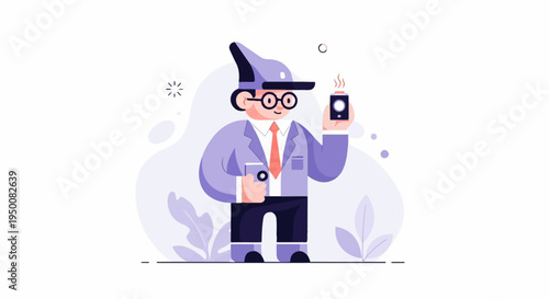 Stylized man in suit and hat holding devices, with abstract background