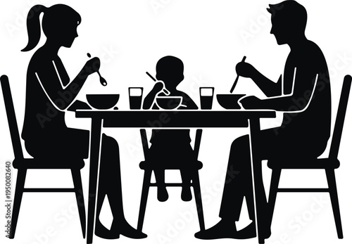 Family dinner silhouette illustration, parents and child eating together, family meal, parenting, home life vector