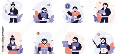 Diverse individuals engaged in various professional activities with devices and tools