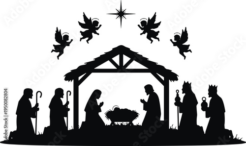 Nativity scene silhouette illustration, Christmas birth of Jesus, Mary Joseph baby manger, religious holiday 