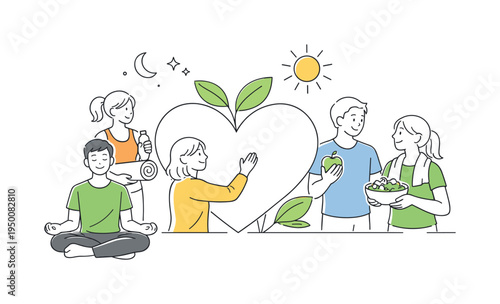 People supporting healthy daily routines and wellbeing together, several characters gathered around a large heart combined with a leafy plant while a small sun symbol represents