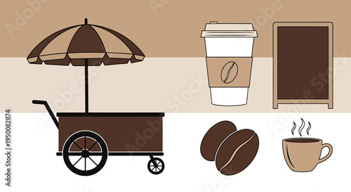 Coffee Cart with Coffee Cups and Beans.