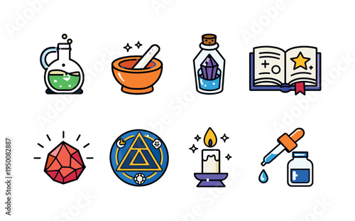 Mystical alchemy tools: alembic flask, mortar and pestle, crystal vial, open grimoire, philosophers stone, arcane symbol circle, magical candle, tincture dropper
