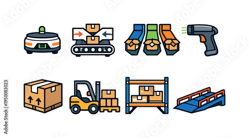 Industrial logistics automation: automated guided vehicle robot, conveyor belt junction splitter, warehouse sorting chute, barcode scanner gun, shipping package crate, forklift