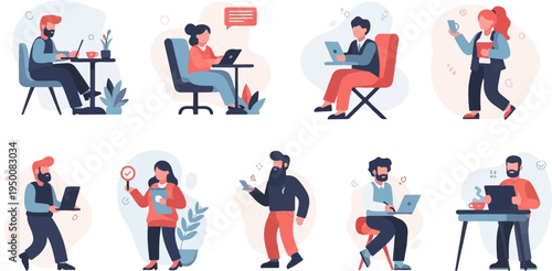 Diverse individuals engaged in various professional and casual activities, often involving technology