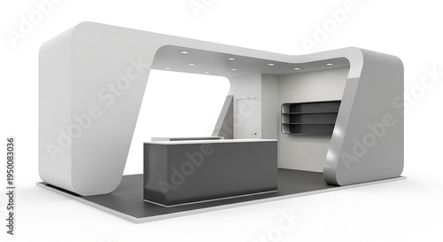 Contemporary exhibition stand with a curved, futuristic design. An empty corporate event space for presentation, branding, and trade shows