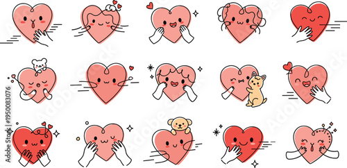Cute heart cartoon characters with hands hugging, kissing and expressing love, adorable romantic mascots with pets and emotions, Valentine themed vector illustration collection