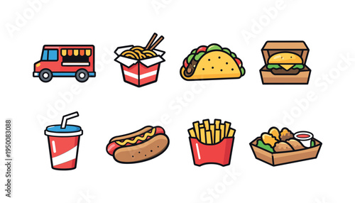 Urban street food culture: food truck, takeaway noodle box with chopsticks, taco, burger box, paper drink cup with straw, hot dog, french fries carton, street food tray