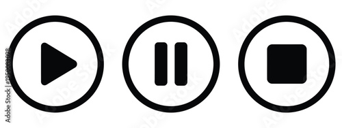 Play, pause, and stop buttons icon set featuring media control symbols, audio and video playback interface elements, modern flat vector illustration