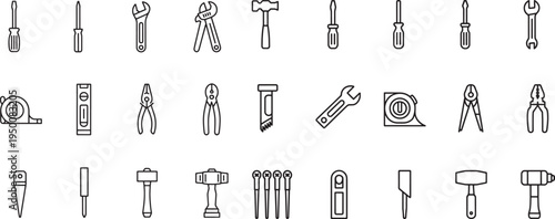 Collection of hand tool icons line art set for repair and construction work vector