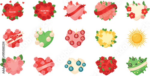 Romantic floral heart illustration collection with roses, flowers and decorative ribbons, Valentine themed love symbols in colorful botanical style vector design set