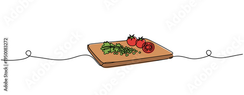 Vegetables arranged on cutting board on plain background line drawing. no editable strokes