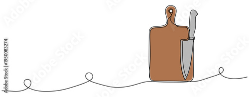 Wooden cutting board with knife standing on line. no editable strokes