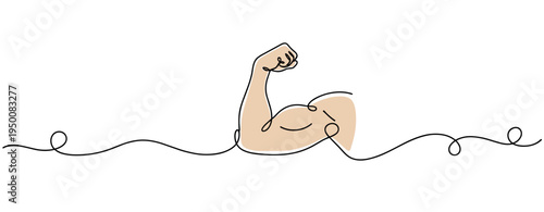 Male arm flexing in continuous line on white background. no editable strokes