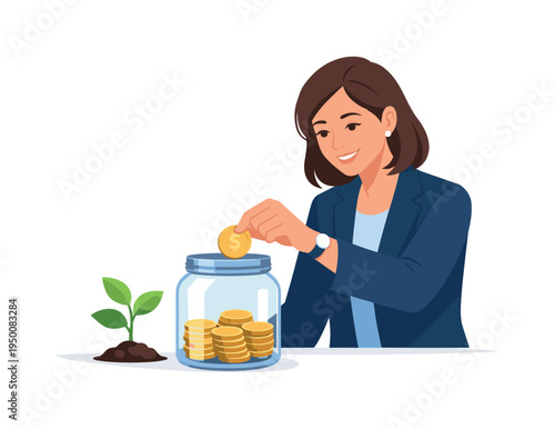 A professional building long-term financial confidence through responsible saving habits, visual metaphor of a person placing a coin into a simple savings jar while a small plant