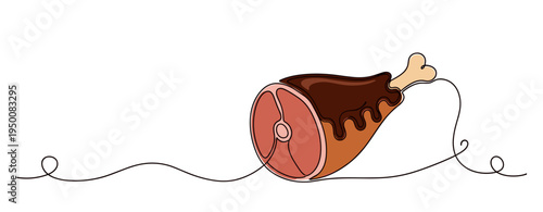 Cooked ham leg with bone lying on continuous decorative line. no editable strokes