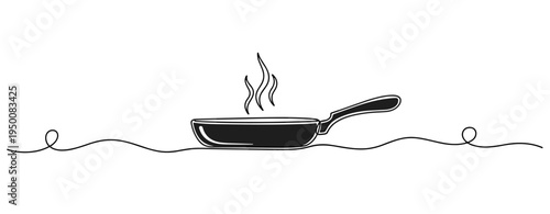 Frying pan releasing steam on minimal white surface. no editable strokes