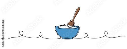 Blue bowl with spoon holding cereal on white surface. no editable strokes