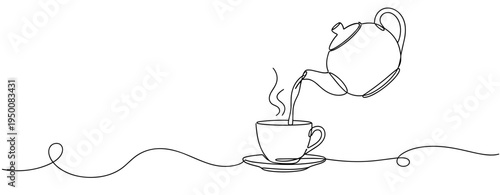 Teapot pouring tea into cup on continuous line background. no editable strokes