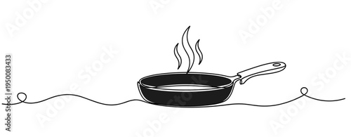 Frying pan steaming on continuous looped line on white background. no editable strokes