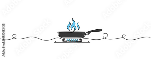Frying pan heating on gas stove with visible flame. no editable strokes
