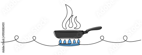 Frying pan heating over gas burner with visible flame. no editable strokes