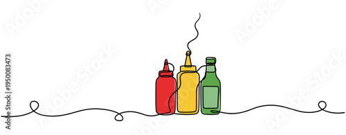 Condiment bottles standing together on flat surface with line. no editable strokes