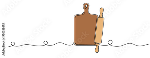 Wooden cutting board with rolling pin on white surface. no editable strokes