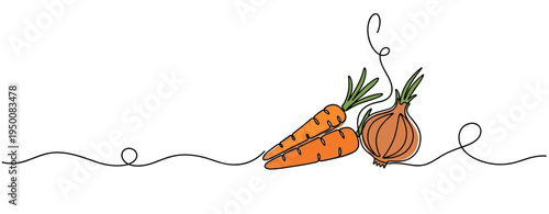 Carrots and onion lying on continuous line white background. no editable strokes