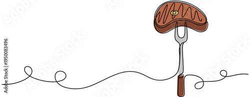 Meat steak pierced by fork above continuous line on white. no editable strokes