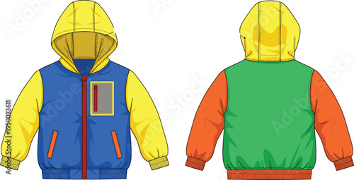 kids hooded jacket vector template, children winter hoodie front and back view, colorful hooded sweatshirt mockup, apparel technical fashion illustration