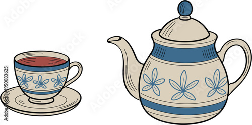 Vintage teapot and tea cup set with floral pattern, hand drawn ceramic kitchenware vector illustration element