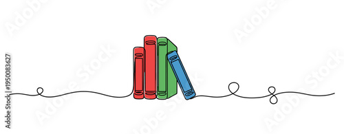 Stack of colorful books standing on simple line surface. no editable strokes