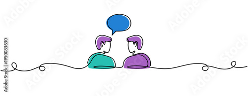Two people talking with speech bubble in simple line illustration. no editable strokes