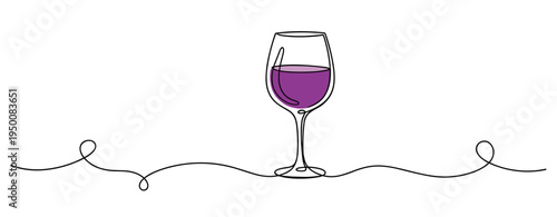 Wine glass filled with purple drink on continuous line drawing. no editable strokes