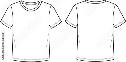 Men basic t shirt technical fashion illustration, front and back view, short sleeve crew neck tee flat sketch apparel vector