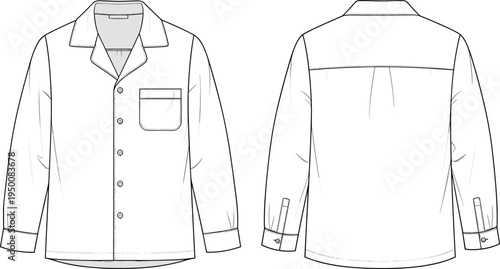 Men casual button shirt technical fashion illustration, front and back view, long sleeve pocket shirt flat sketch apparel vector