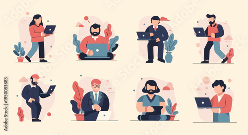 Diverse individuals work on laptops in a flat, minimalist style with organic shapes