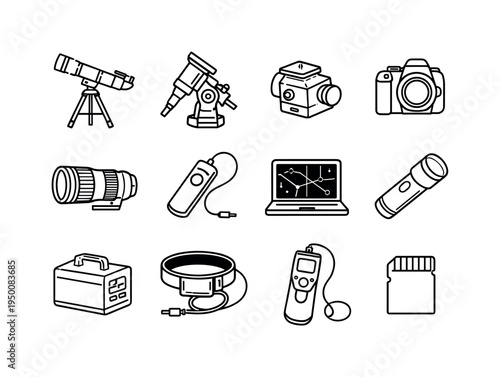 Astrophotography equipment: telescope on tripod, equatorial mount, star tracker device, DSLR camera body, telephoto lens, remote shutter controller, laptop with star chart, red