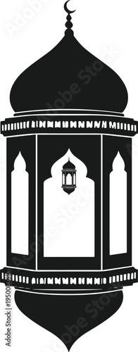 Black silhouette of ornate Islamic lantern with crescent moon finial, arched windows, and intricate detailing, symbolizing Ramadan, Eid, spirituality, and cultural celebration themes.
