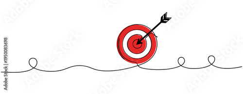 Red target with arrow hitting center on continuous line background. no editable strokes