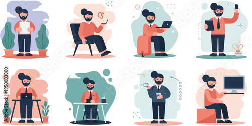 Diverse office workers engaged in various tasks with digital devices