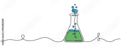 Laboratory flask bubbling with green solution on continuous line. no editable strokes