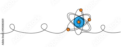 Atomic model with electrons orbiting on continuous line drawing. no editable strokes