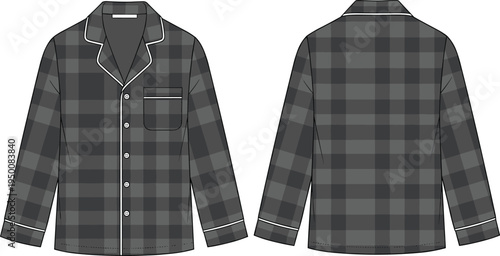 Men plaid pajama shirt technical fashion illustration, front and back view, long sleeve sleepwear top flat sketch apparel vector