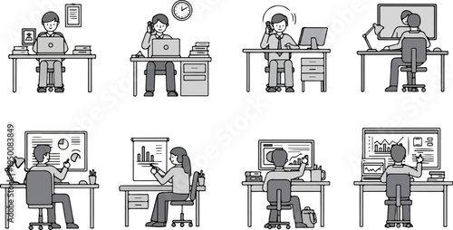 Diverse office workers using computers and interacting with data displays